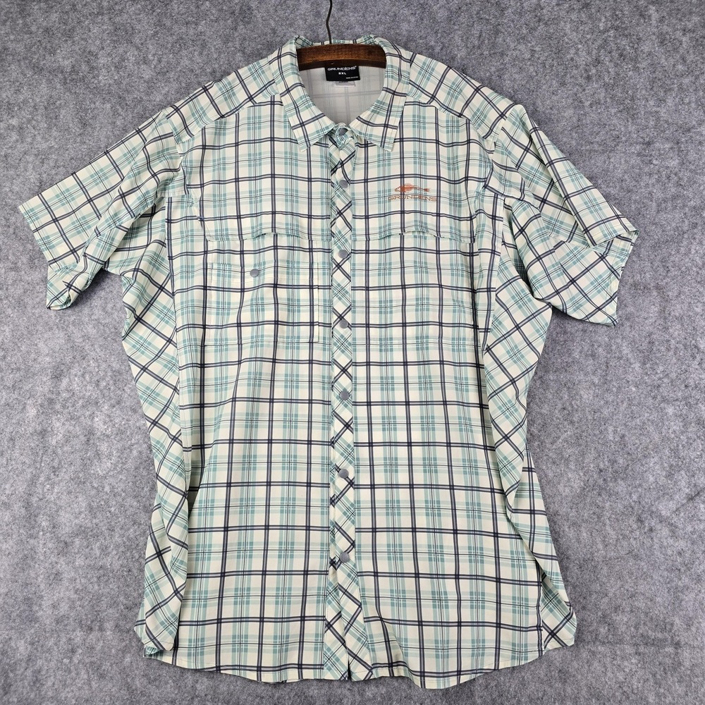 Grundens Shirt Mens 2XL Green Plaid Short Sleeve Button Up Fishing Stretch